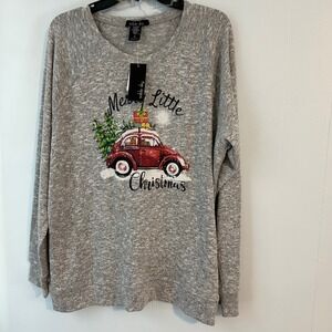 Sable Sky Women's Gray Merry Little Christmas VW Car Tree Long Sleeve Top Siz 2X